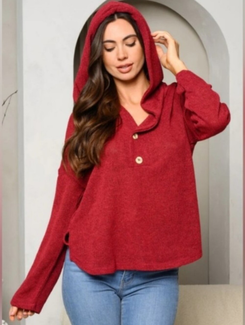 NWT Boho Brick Red Knit Hoodie Sweater Oversized Women's